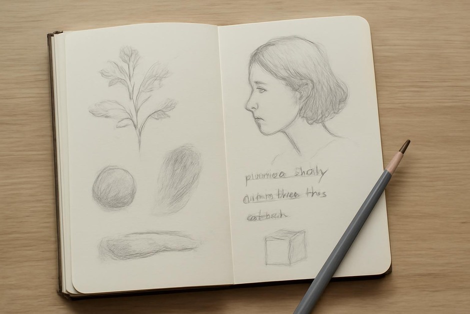 An open sketchbook with pencil studies and notes