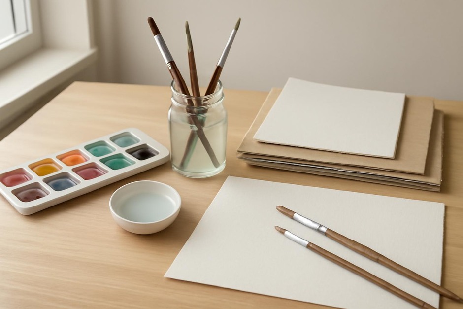 A workspace with paints, papers and brushes arranged neatly