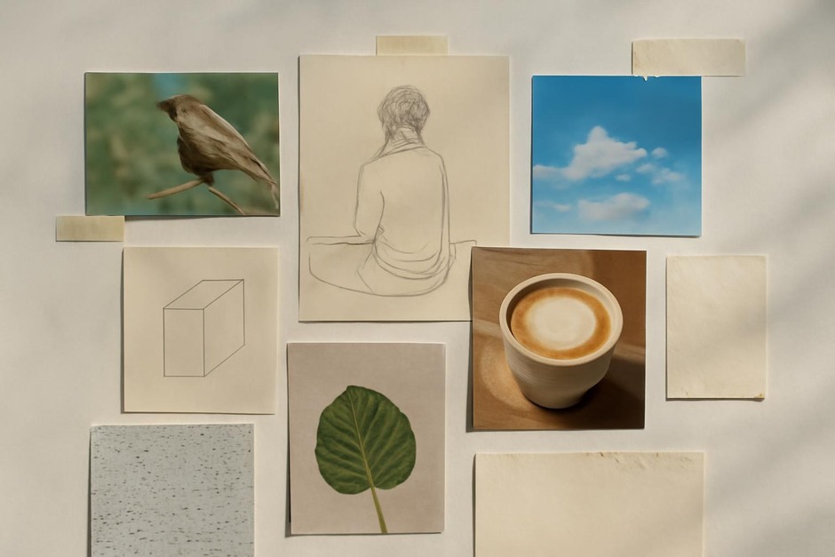A collage of everyday images and sketches
