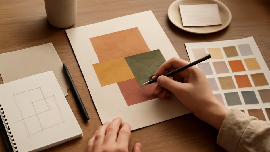 Bright studio image with paint textures, paper layers, and geometric color blocks.